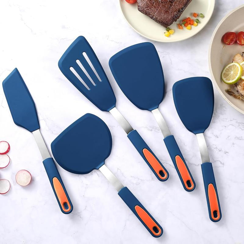 5 Pieces Silicone Spatula Set, Non-Stick Silicone Turner Spatulas, Heat Resistance Cooking Utensils, Flip Turner for Fish, Egg, Pancake, Light Grey