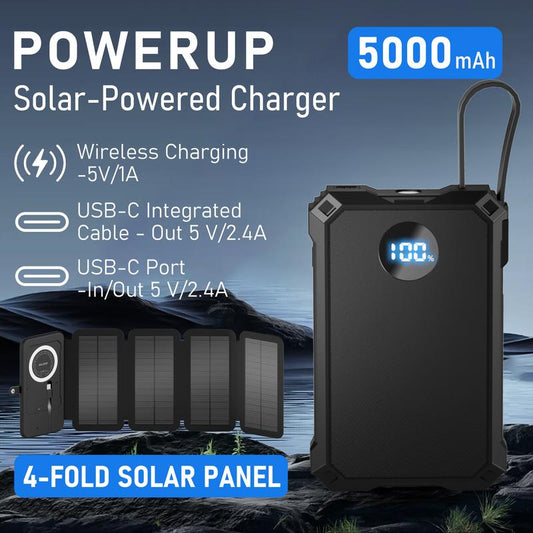 Solar Power Bank 5000Mah with Detachable 4-Fold Panels, Magnetic Wireless Charging, Built-In Cables. Compact, Portable, Ideal for Multiple Devices.