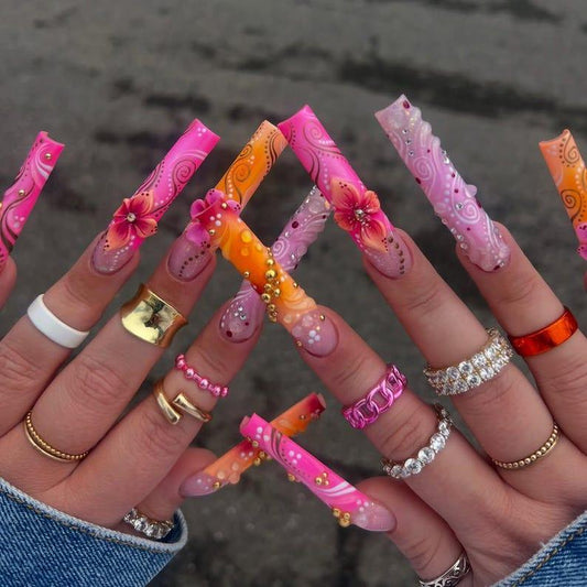 Nails by Lians - Sunset Hibiscus Long Press-On Nails, Hot Pink Orange Ombre, 3D Flowers & Rhinestones, Maximalist Vacation Look, Handmade Acrylic, Summer Festival Vibes, Custom Long Glam Nails