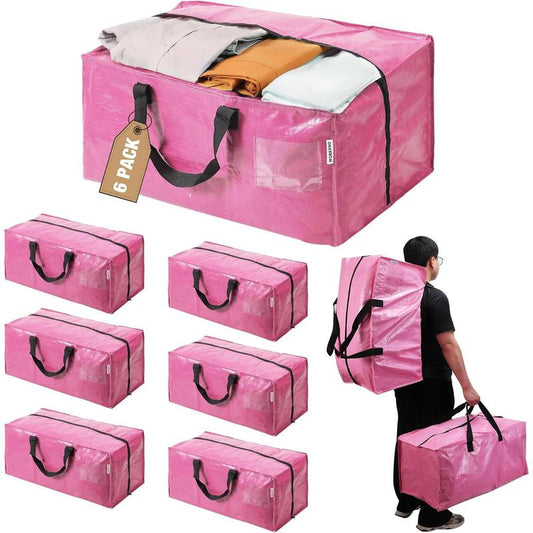 6 Pack Extra Large Moving Bags with Zippersheavy-Duty Storage Tote for Space Saving Moving Storage (Pink) Moving Bags Carry-On Suitcase Compact Travel Vacuum Storage Bags Organizer Storage Bag Large Capacity Pocket Easy Open Lid