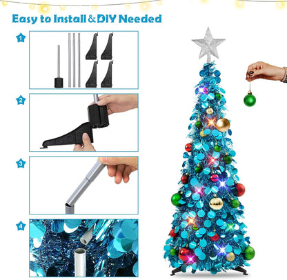 Pop up Christmas Tree with Lights & 25 Balls, 3Ft Collapsible Blue Tinsel Xmas Tree Decorations, Pencil Christmas Tree Skinny Tree for Holiday Xmas Home Office Decor, Blue