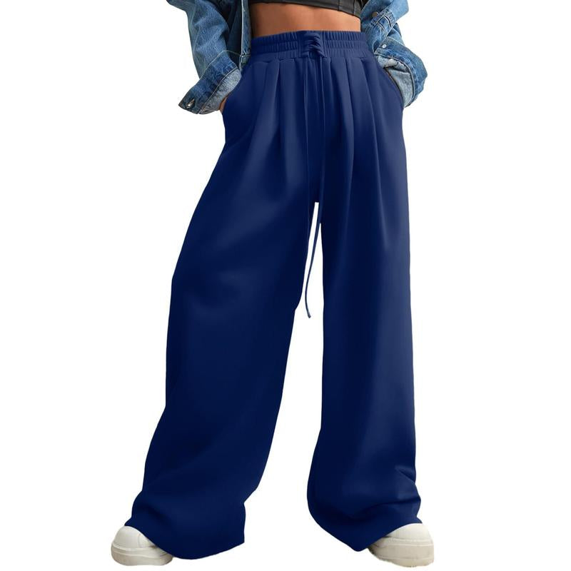 Aleumdr Wide Leg Sweatpants for Women 2025 Trendy Fashion High Waist Drawstring Loose Long Pants with Pockets Elastic Casual Womenswear Sport Athleisure Activewear Bottoms
