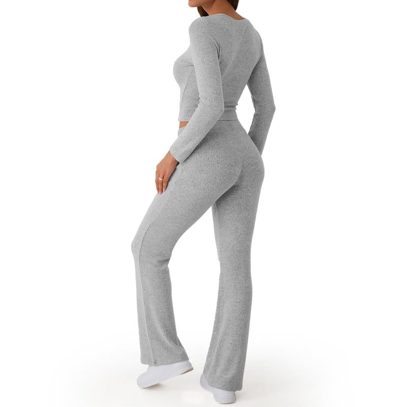 TRENDY QUEEN Women 2 Piece Foldover Yoga Flare Leggings Pants Crop Tops Casual Y2K Outfits