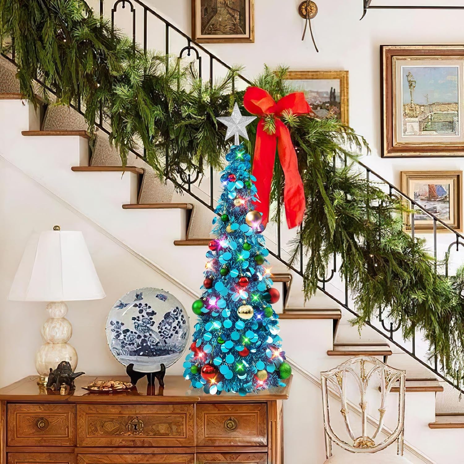 Pop up Christmas Tree with Lights & 25 Balls, 3Ft Collapsible Blue Tinsel Xmas Tree Decorations, Pencil Christmas Tree Skinny Tree for Holiday Xmas Home Office Decor, Blue