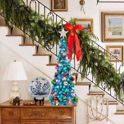 Pop up Christmas Tree with Lights & 25 Balls, 3Ft Collapsible Blue Tinsel Xmas Tree Decorations, Pencil Christmas Tree Skinny Tree for Holiday Xmas Home Office Decor, Blue