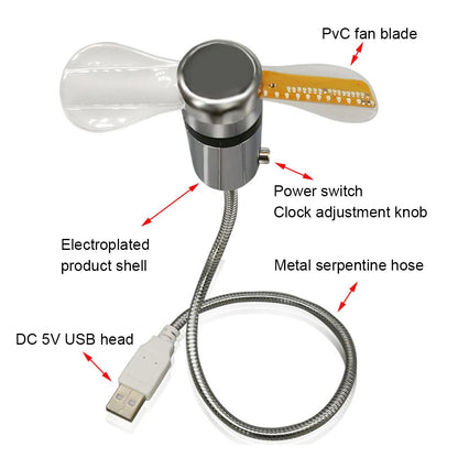 Portable Clock Fan RGB LED Night Light 5V USB Hand Fan Real Time Temperature Display Metal Mini Fan for PC Laptop Desktop Cooler