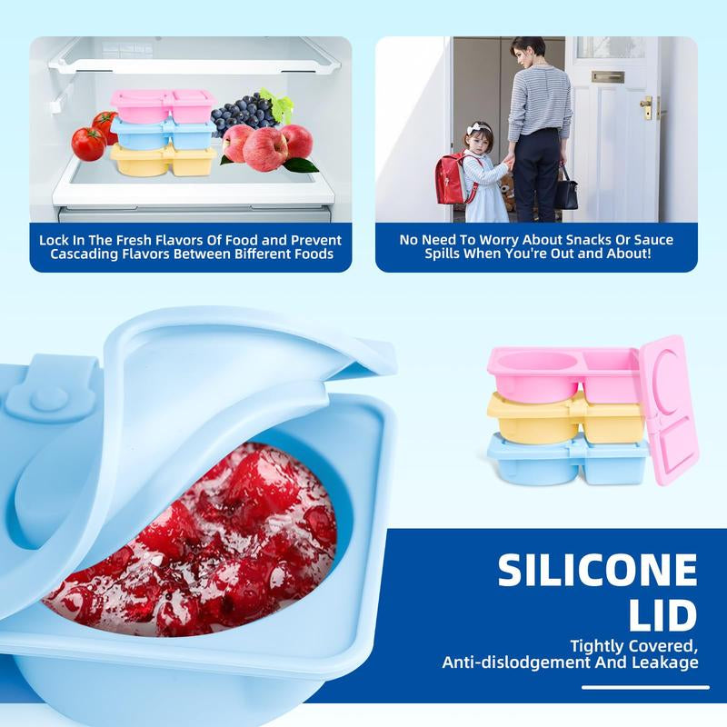 3 Pack Silicone Reusable Snack Containers with Lids, Double Compartment Snackle Box Containers, Salad Dressing Sauce Seasoning Container, Small Mini Food Snack Boxs for Travel, Office, Picnic Tupperware Sets with Lids