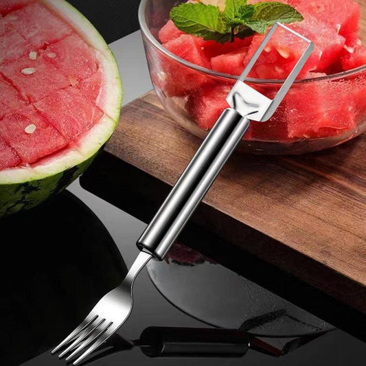 2-In-1 Stainless Steel Fruit Cutter,Watermelon Slicer Cube Cutter Tool,Watermelon Fork Slicer with round Handlefor Home, Kitchen, Camping