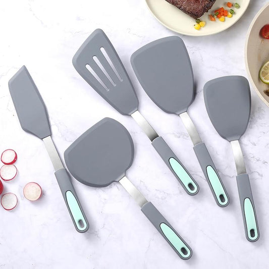 5 Pieces Silicone Spatula Set, Non-Stick Silicone Turner Spatulas, Heat Resistance Cooking Utensils, Flip Turner for Fish, Egg, Pancake, Light Grey