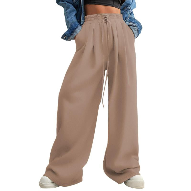 Aleumdr Wide Leg Sweatpants for Women 2025 Trendy Fashion High Waist Drawstring Loose Long Pants with Pockets Elastic Casual Womenswear Sport Athleisure Activewear Bottoms