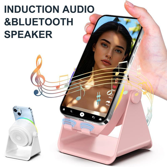Lentorgi 4-In-1 Wireless Induction Bluetooth Audio Speaker, Phone Stand Ambient Light, Charger ,Surround Sound 360° Rotation Rechargeable Hands-Free Calls for Bedroom, Office, Kitchen, Camping, Yoga, Cooking Gifts for Men, Women, Elderly