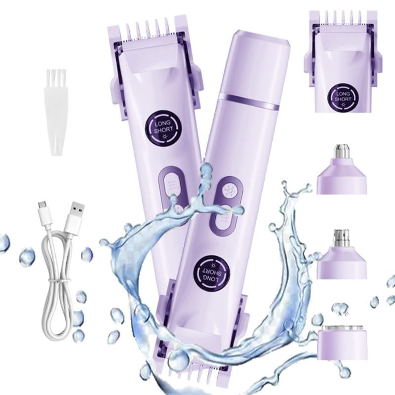 Bikini Trimmer and Shaver Kit for Women - 4-In-1 Wet/Dry Electric Body Hair Trimmer Facial Hair Removal Cordless Waterproof Bikini Shaver Razor for Face Lip Chin Underarm Legs Eyebrows Nose
