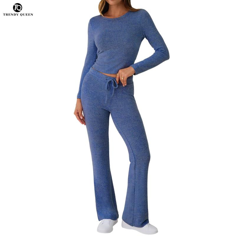 TRENDY QUEEN Women 2 Piece Foldover Yoga Flare Leggings Pants Crop Tops Casual Y2K Outfits