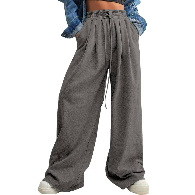 Aleumdr Wide Leg Sweatpants for Women 2025 Trendy Fashion High Waist Drawstring Loose Long Pants with Pockets Elastic Casual Womenswear Sport Athleisure Activewear Bottoms