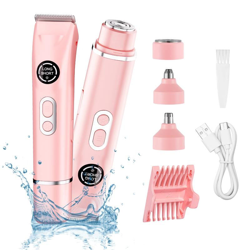 Bikini Trimmer and Shaver Kit for Women - 4-In-1 Wet/Dry Electric Body Hair Trimmer Facial Hair Removal Cordless Waterproof Bikini Shaver Razor for Face Lip Chin Underarm Legs Eyebrows Nose
