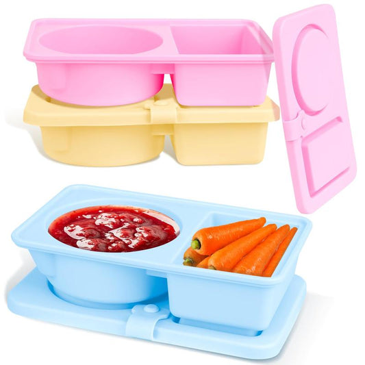 3 Pack Silicone Reusable Snack Containers with Lids, Double Compartment Snackle Box Containers, Salad Dressing Sauce Seasoning Container, Small Mini Food Snack Boxs for Travel, Office, Picnic Tupperware Sets with Lids