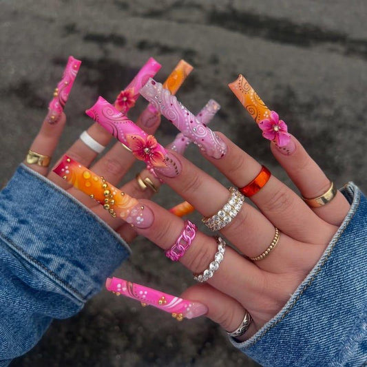 Nails by Lians - Sunset Hibiscus Long Press-On Nails, Hot Pink Orange Ombre, 3D Flowers & Rhinestones, Maximalist Vacation Look, Handmade Acrylic, Summer Festival Vibes, Custom Long Glam Nails