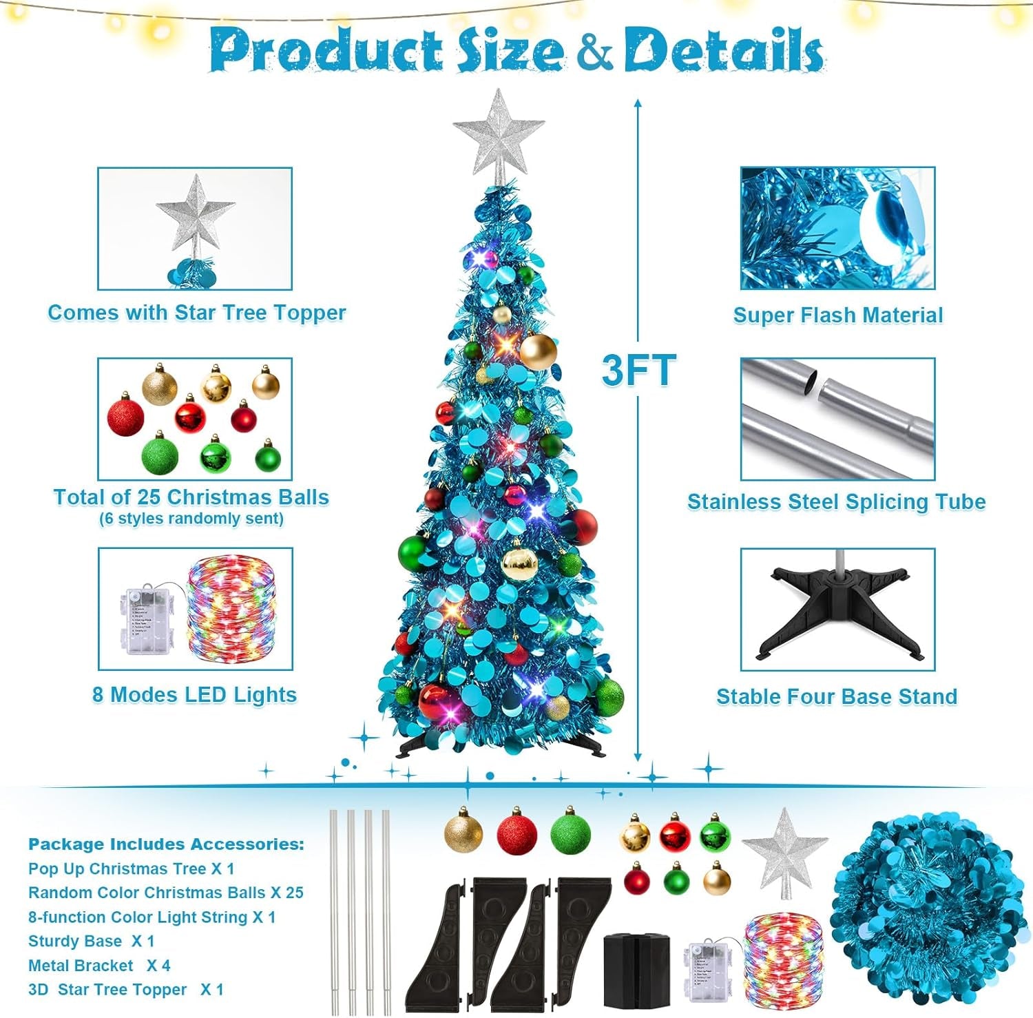 Pop up Christmas Tree with Lights & 25 Balls, 3Ft Collapsible Blue Tinsel Xmas Tree Decorations, Pencil Christmas Tree Skinny Tree for Holiday Xmas Home Office Decor, Blue