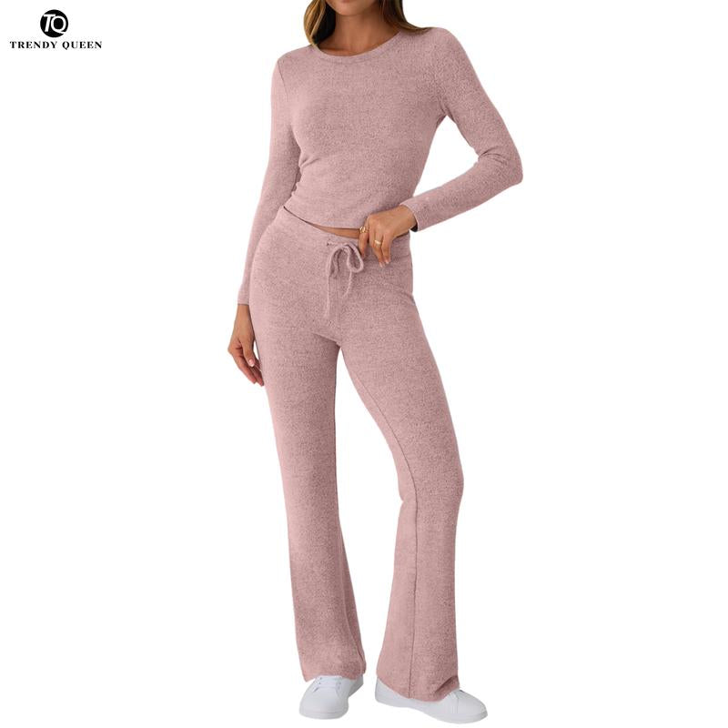 TRENDY QUEEN Women 2 Piece Foldover Yoga Flare Leggings Pants Crop Tops Casual Y2K Outfits