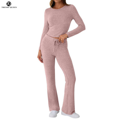 TRENDY QUEEN Women 2 Piece Foldover Yoga Flare Leggings Pants Crop Tops Casual Y2K Outfits