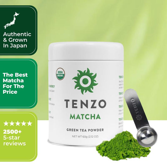 Tenzo Organic Matcha - 60 Servings Ceremonial Organic Matcha Powder with Smooth, Vibrant, Savory Flavor, Stone Grind, Traditional Green Tea, Reusable Tin, Scooper