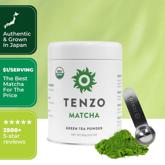 Tenzo Organic Matcha - 60 Servings Ceremonial Organic Matcha Powder with Smooth, Vibrant, Savory Flavor, Stone Grind, Traditional Green Tea, Reusable Tin, Scooper