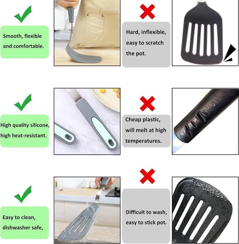 5 Pieces Silicone Spatula Set, Non-Stick Silicone Turner Spatulas, Heat Resistance Cooking Utensils, Flip Turner for Fish, Egg, Pancake, Light Grey
