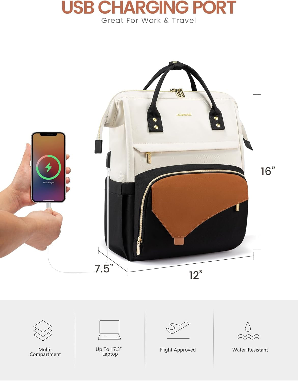 Laptop Backpack for Women Work Travel Backpack Purse, Teacher Doctor Nurse Bags College Backpack, Waterproof Computer Backpack for Women, 15.6 Inch, Black-Beige-Brown