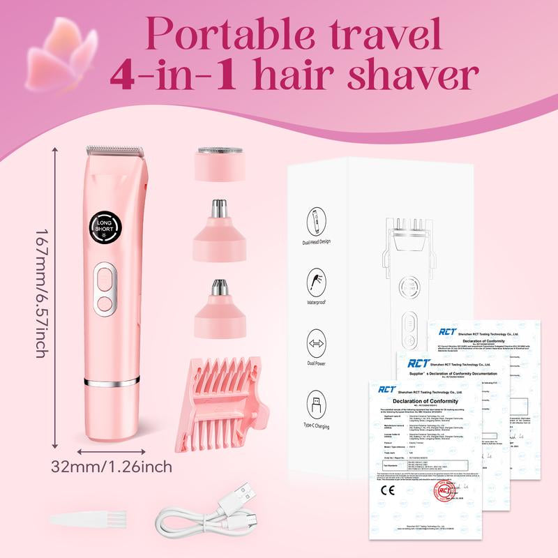 Bikini Trimmer and Shaver Kit for Women - 4-In-1 Wet/Dry Electric Body Hair Trimmer Facial Hair Removal Cordless Waterproof Bikini Shaver Razor for Face Lip Chin Underarm Legs Eyebrows Nose