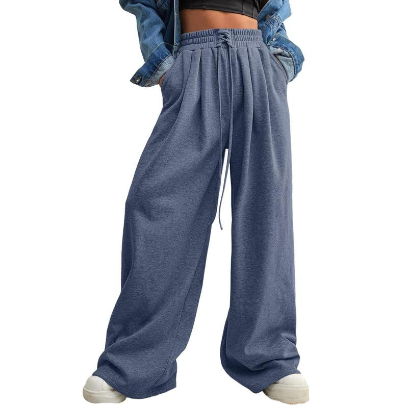 Aleumdr Wide Leg Sweatpants for Women 2025 Trendy Fashion High Waist Drawstring Loose Long Pants with Pockets Elastic Casual Womenswear Sport Athleisure Activewear Bottoms