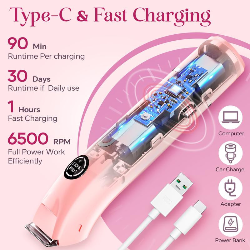 Bikini Trimmer and Shaver Kit for Women - 4-In-1 Wet/Dry Electric Body Hair Trimmer Facial Hair Removal Cordless Waterproof Bikini Shaver Razor for Face Lip Chin Underarm Legs Eyebrows Nose