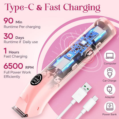 Bikini Trimmer and Shaver Kit for Women - 4-In-1 Wet/Dry Electric Body Hair Trimmer Facial Hair Removal Cordless Waterproof Bikini Shaver Razor for Face Lip Chin Underarm Legs Eyebrows Nose