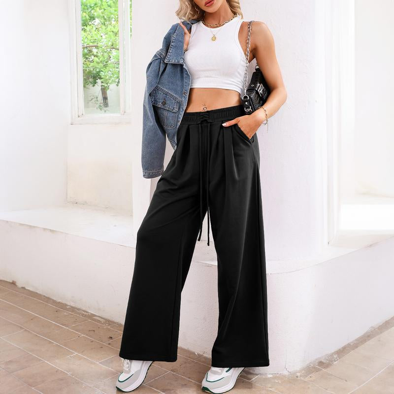 Aleumdr Wide Leg Sweatpants for Women 2025 Trendy Fashion High Waist Drawstring Loose Long Pants with Pockets Elastic Casual Womenswear Sport Athleisure Activewear Bottoms