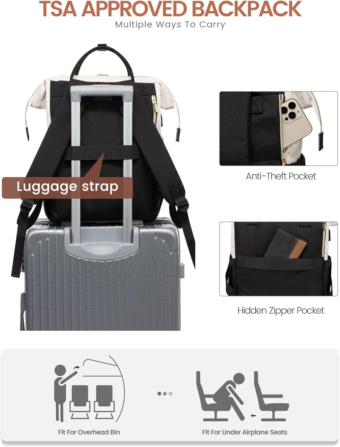 Laptop Backpack for Women Work Travel Backpack Purse, Teacher Doctor Nurse Bags College Backpack, Waterproof Computer Backpack for Women, 15.6 Inch, Black-Beige-Brown