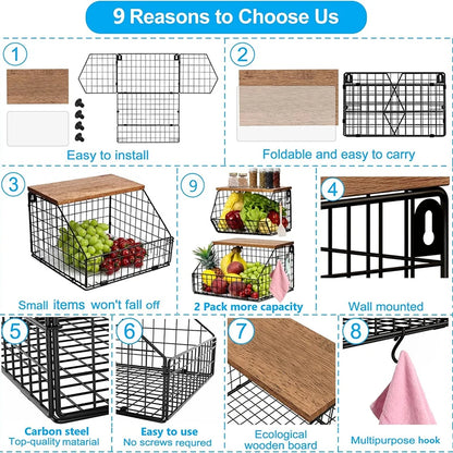 Fruit Basket Onion Storage Wire Baskets with Wood Lid Multifunctional Stackable Wall Mounted Countertop Tiered Kitchen