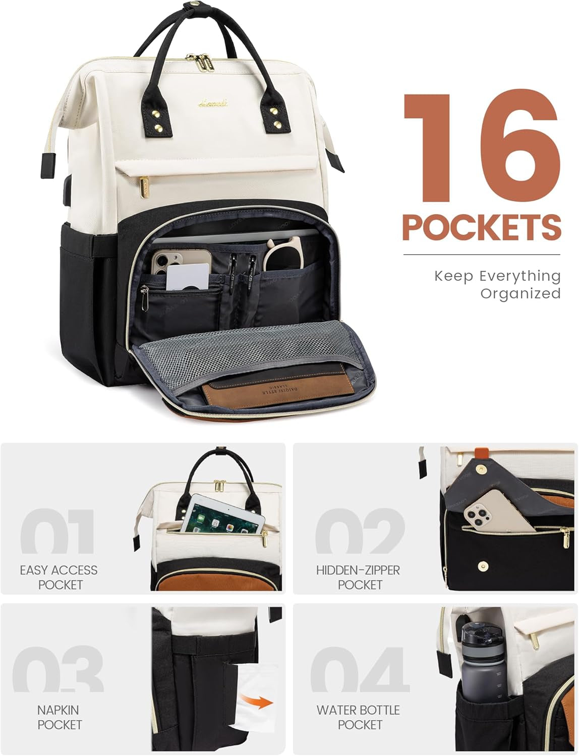 Laptop Backpack for Women Work Travel Backpack Purse, Teacher Doctor Nurse Bags College Backpack, Waterproof Computer Backpack for Women, 15.6 Inch, Black-Beige-Brown