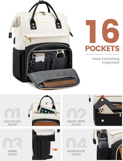 Laptop Backpack for Women Work Travel Backpack Purse, Teacher Doctor Nurse Bags College Backpack, Waterproof Computer Backpack for Women, 15.6 Inch, Black-Beige-Brown