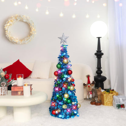 Pop up Christmas Tree with Lights & 25 Balls, 3Ft Collapsible Blue Tinsel Xmas Tree Decorations, Pencil Christmas Tree Skinny Tree for Holiday Xmas Home Office Decor, Blue