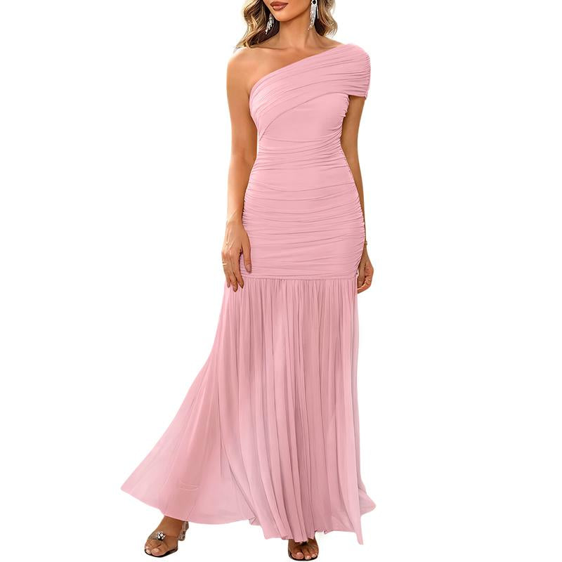 Aprilake Women'S Elegant Formal One Shoulder Sleeveless Ruched Bodycon Evening Vacation Mesh Long Dress
